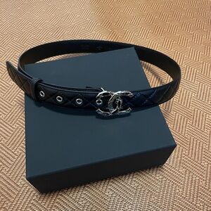 Chanel cc silver logo  black leather belt  85cm/34in